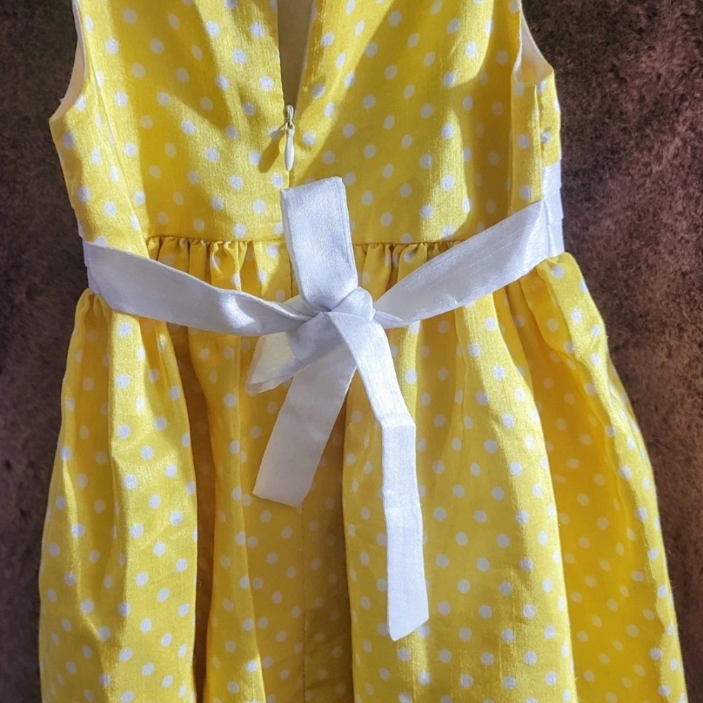 Girls Size 2T Princess Polka Dot Dress Yellow White Flowers Bow Lined Lightweigh - Picture 7 of 12
